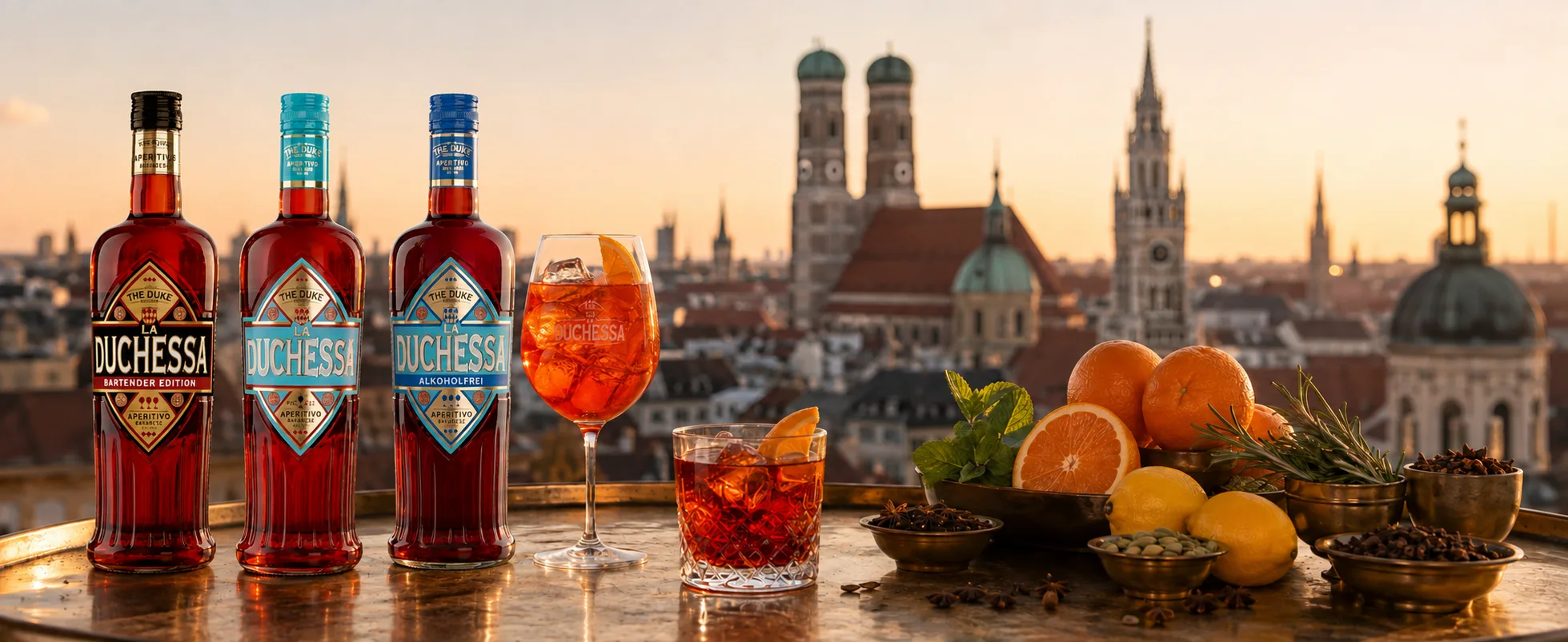 La Duchessa in drei Varianten, klassisch, Bartender Edition und alkoholfrei, mit Spritz über den Dächern von München bei Sonnenuntergang