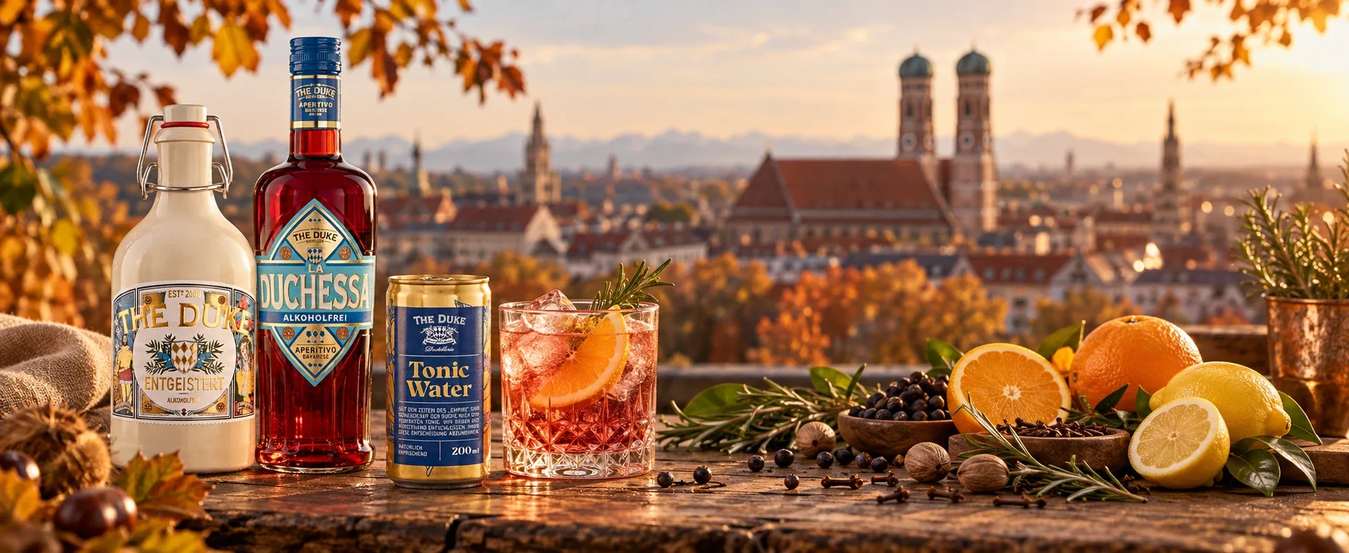 THE DUKE ENTGEISTERT, La Duchessa alkoholfrei und THE DUKE Tonic Water mit einem alkoholfreien Drink vor der Münchner Skyline im Herbstlicht