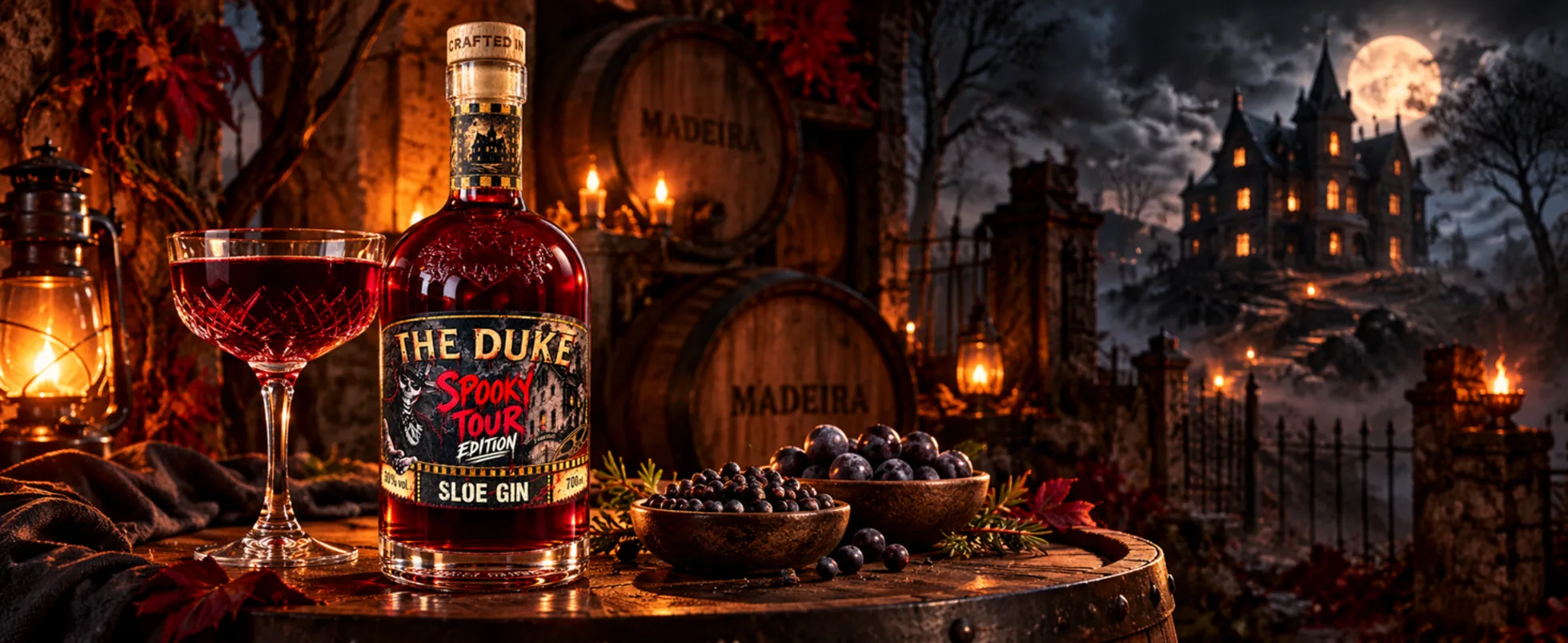 THE DUKE Spooky Tour Edition Sloe Gin mit einem Glas auf einem Madeira-Fass, im Hintergrund ein Herrenhaus im Vollmond