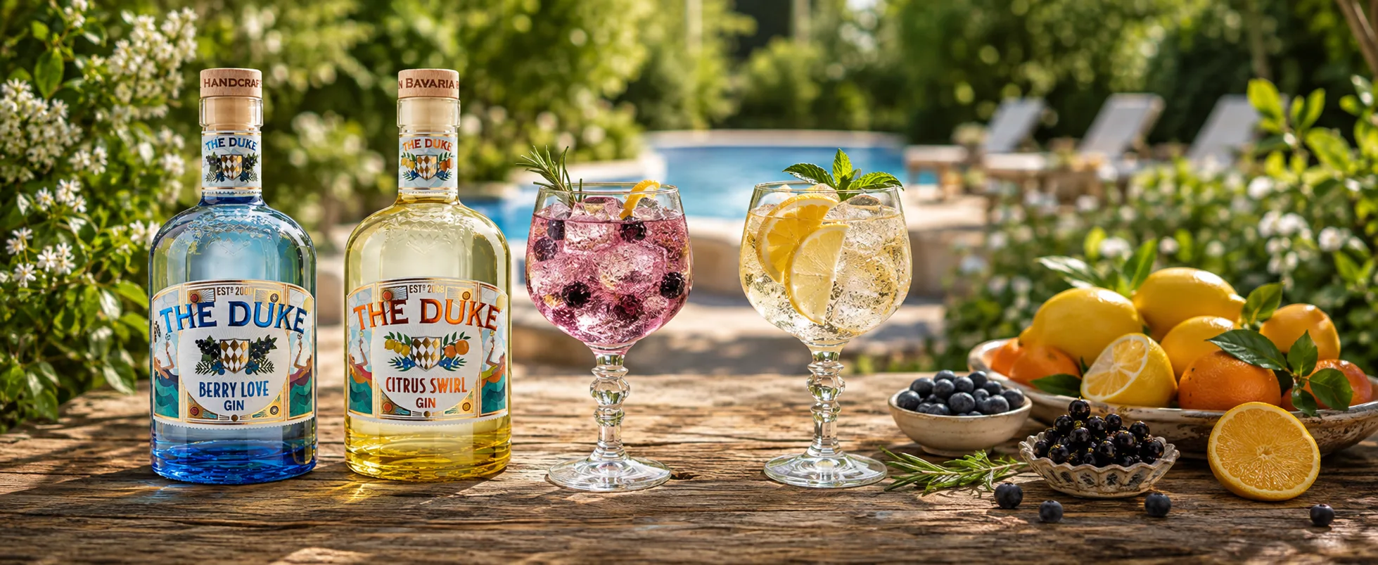 THE DUKE Berry Love und Citrus Swirl Gin mit zwei Gin Tonics am Pool