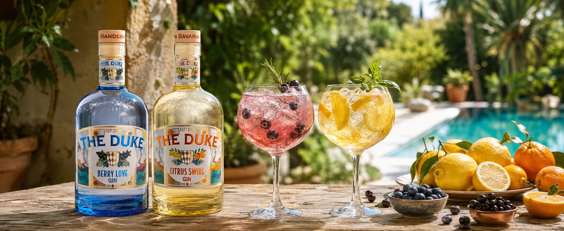 THE DUKE Berry Love und Citrus Swirl Gin mit zwei Gin Tonics am Pool