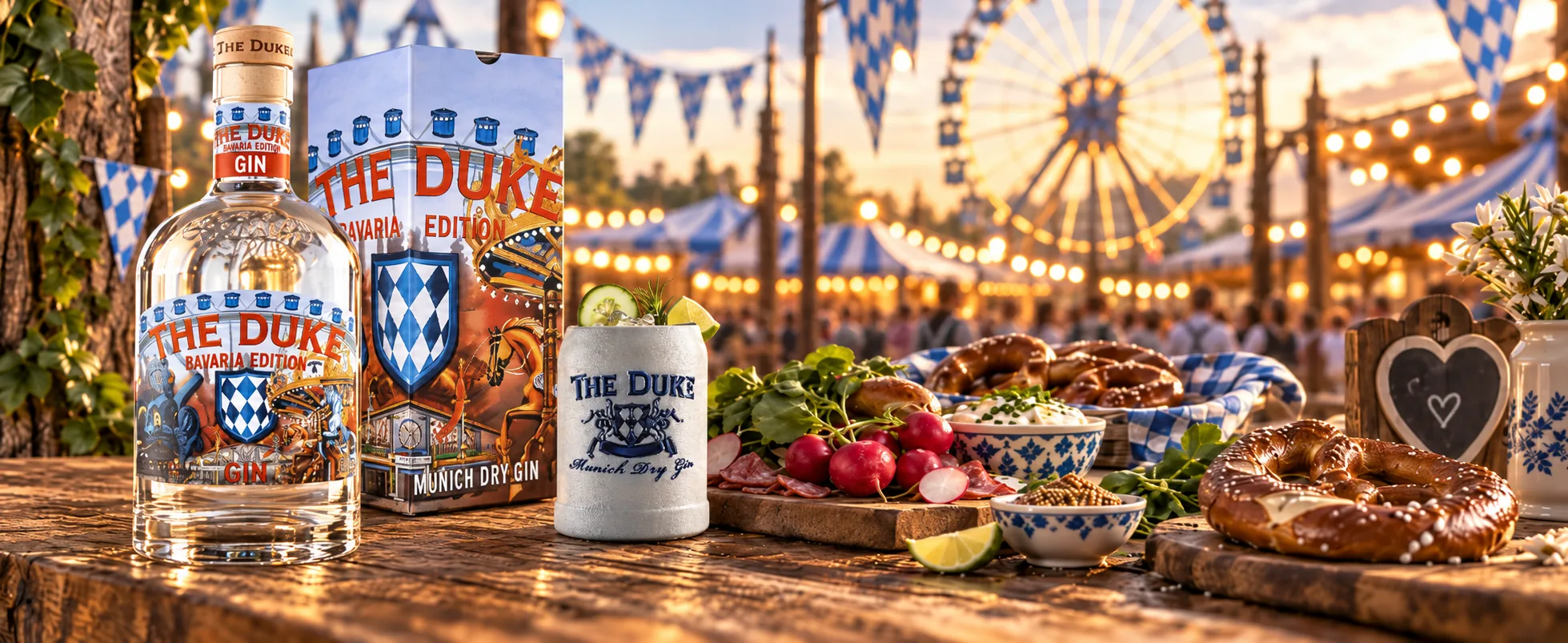 THE DUKE Bavaria Edition Gin mit Geschenkschachtel und Steinkrug auf einem Wiesn-Tisch mit Brezn und Radi, im Hintergrund Riesenrad und Festzelte