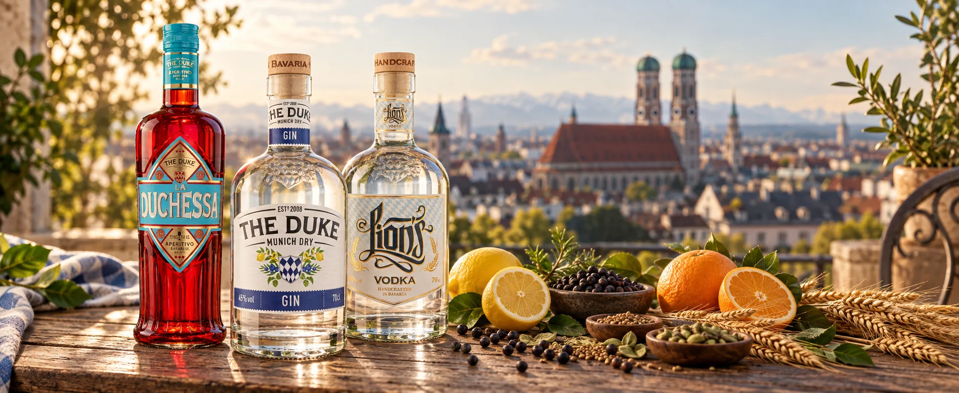 La Duchessa Aperitivo, THE DUKE Munich Dry Gin und Lion’s Vodka auf einem Holztisch über den Dächern von München, im Hintergrund die Frauenkirche