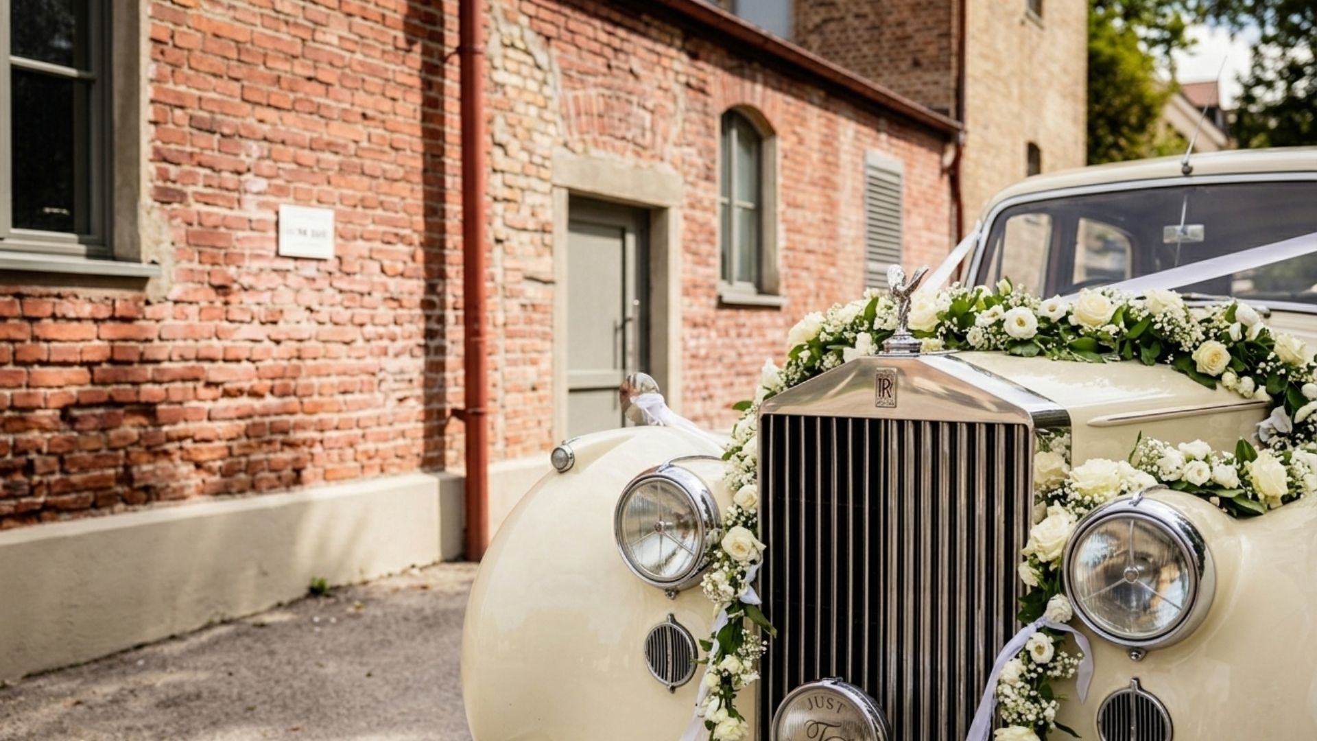 Wedding car with white floral decoration outside the THE DUKE distillery near Munich