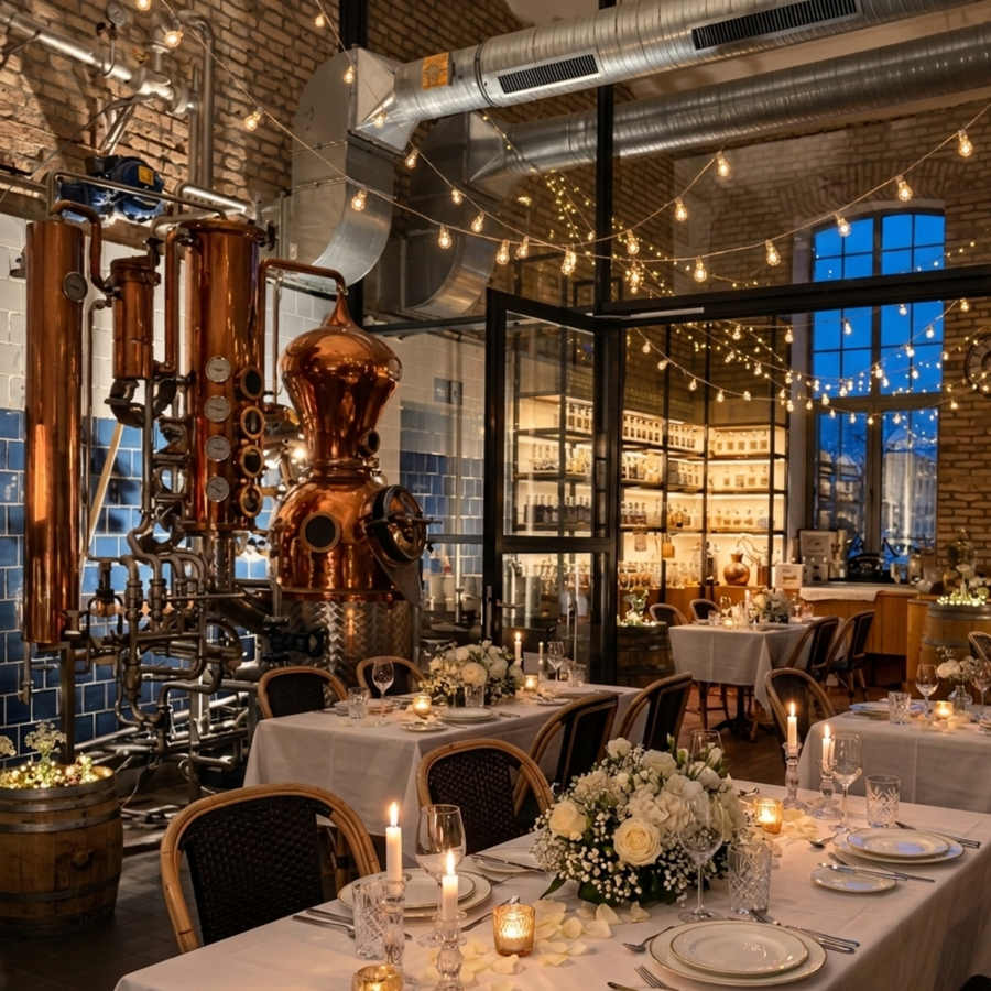 Hochzeit zwischen Kupferbrennblasen — Destillerie München